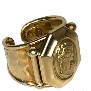 Vintage 18K Gold Cameo Hammered Italy Adjustable Band Ring Size 7.75